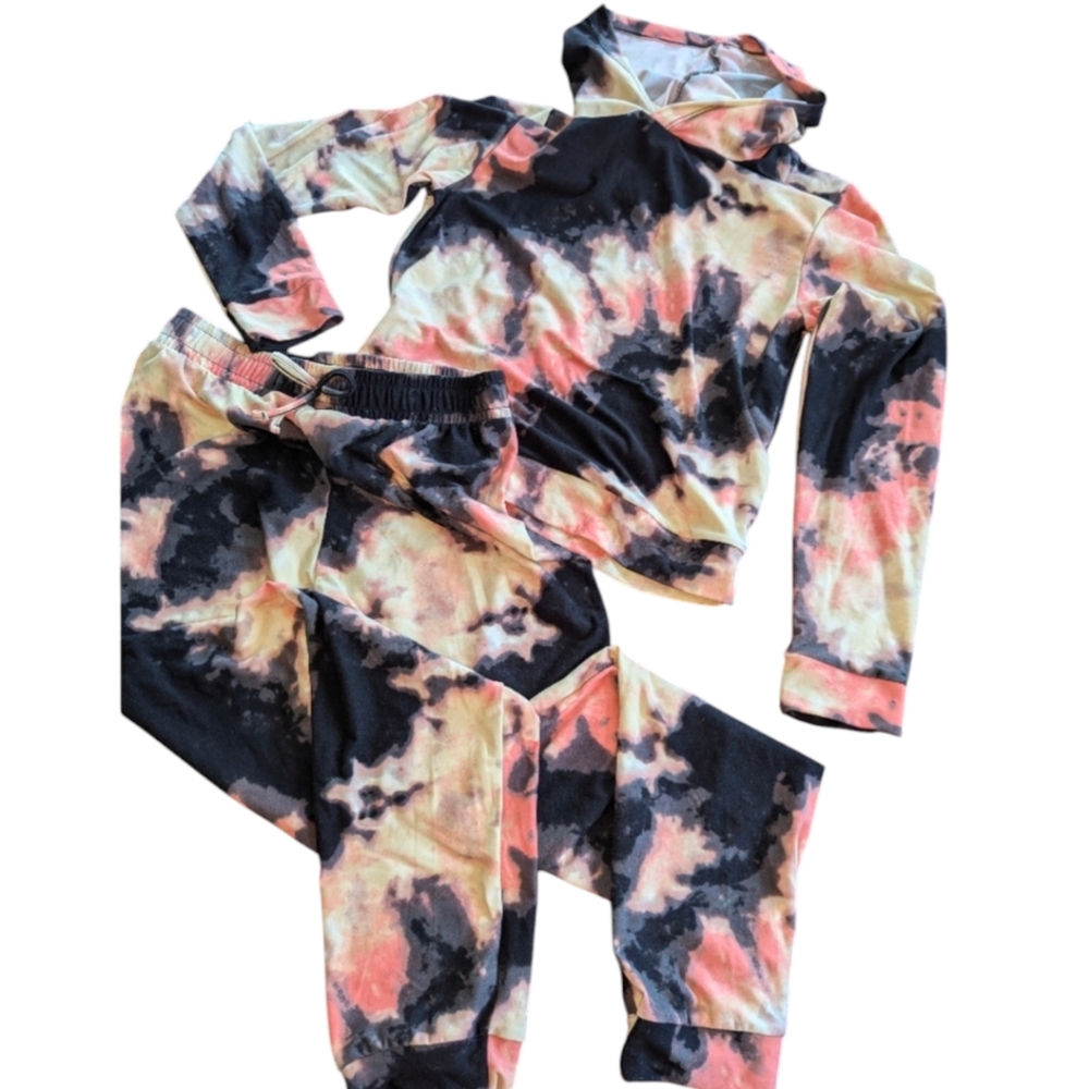 Full Circle Trends Girls jogger set, size L/14, pink/gray/black tie dye look